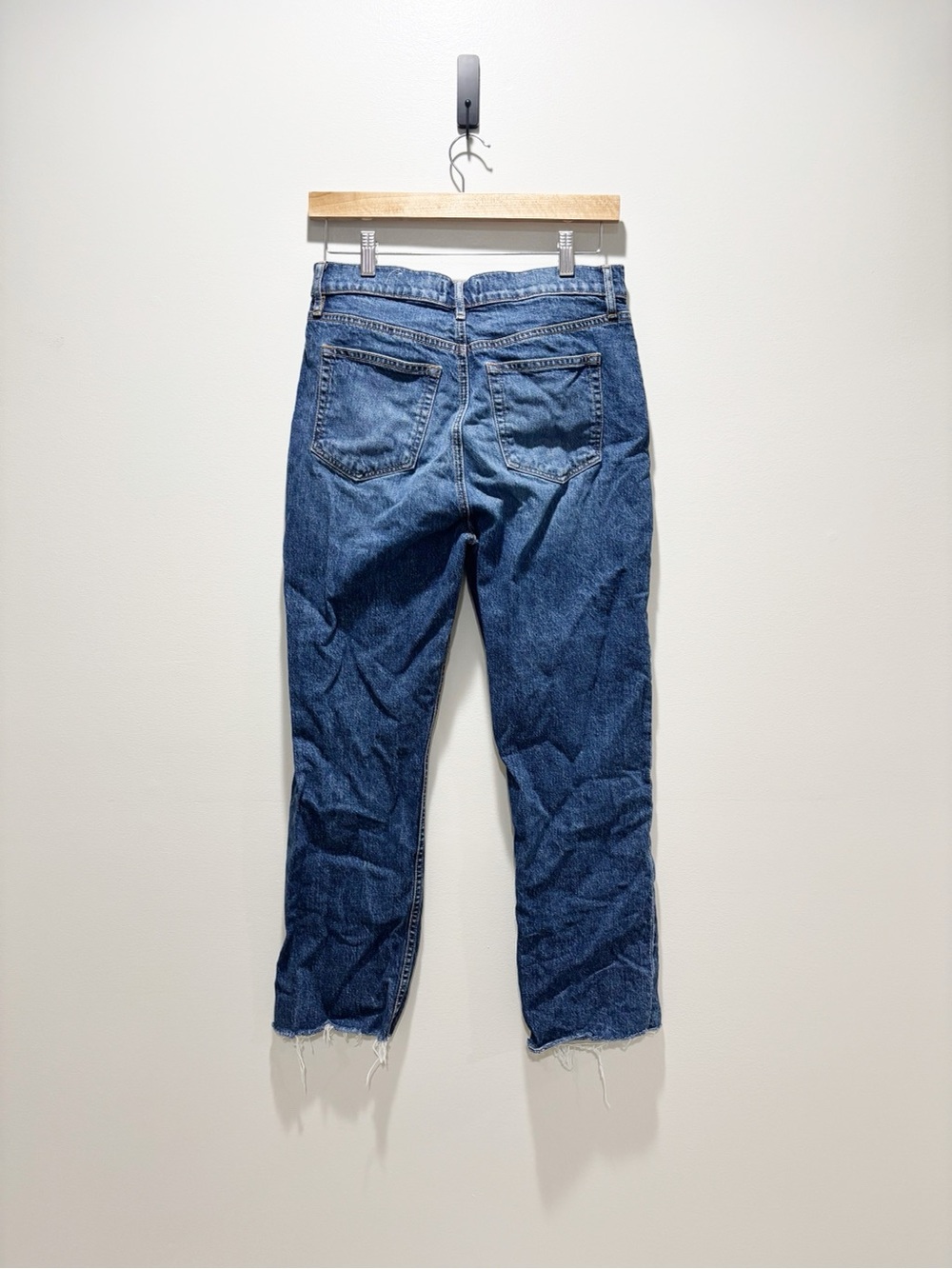LOFT Cropped High Waist Straight Leg Denim Jeans - Blue Frayed Hem Size 27 - Picture 3 of 6